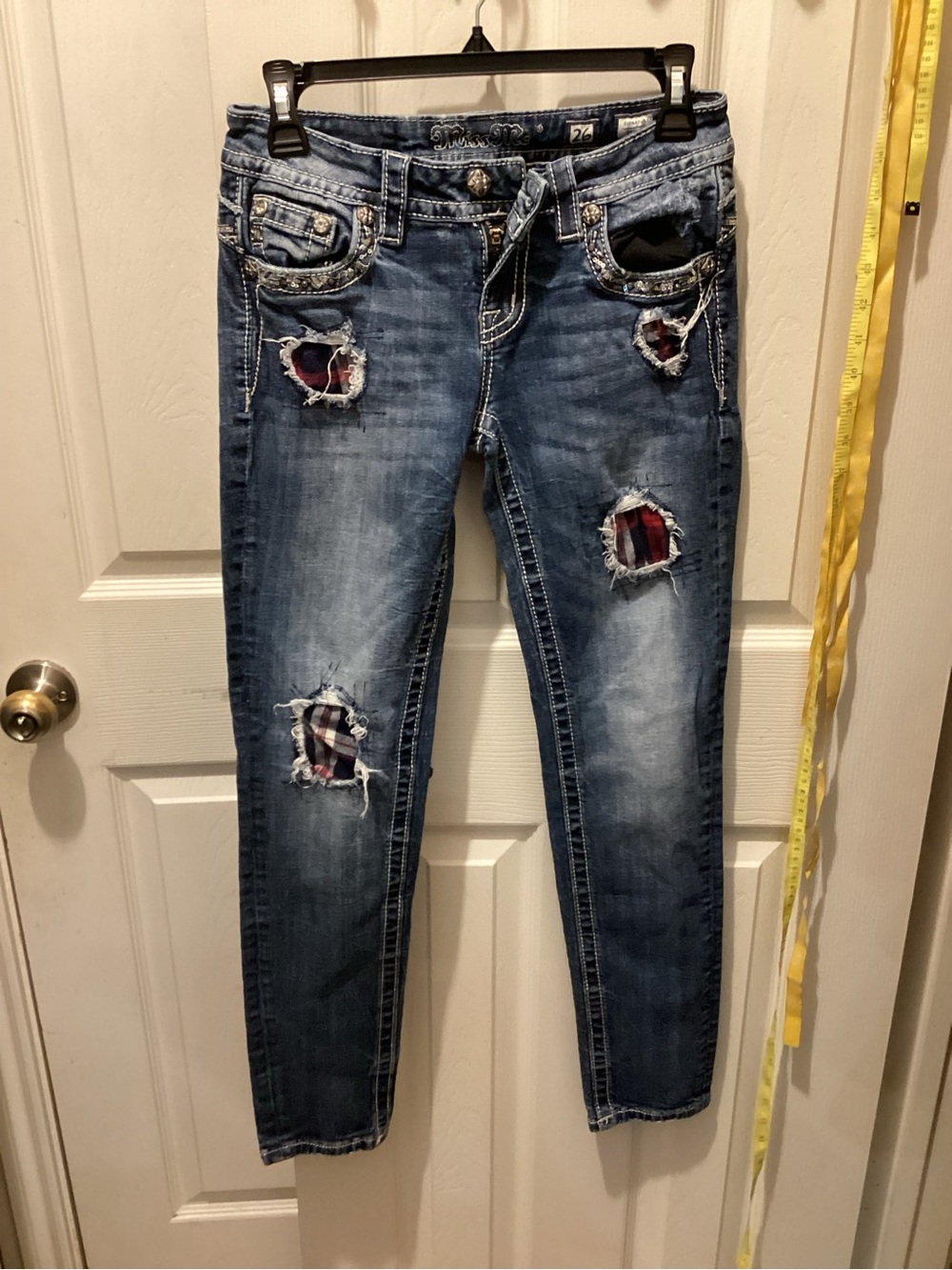 Miss Me Blue Skinny Jeans with Plaid Patch Distressing
